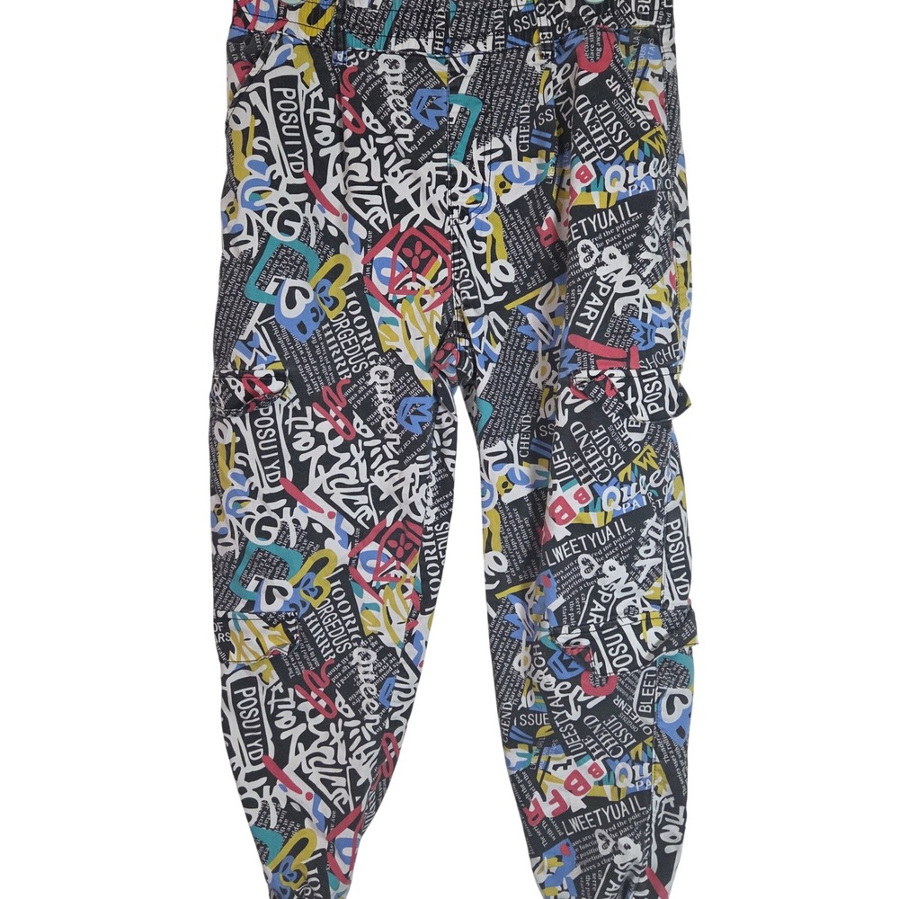 V.I.P. Y2K Graffiti Cargo Jogger Pants mens 15/32 90s Streetwear Newsprint